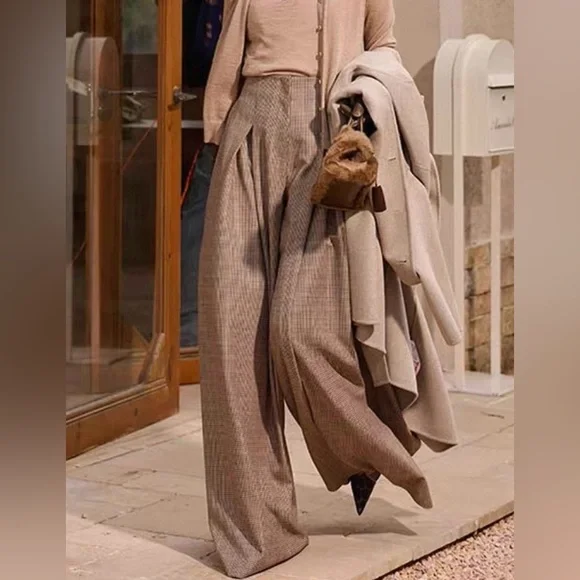 High Waist Plaid Wide Leg Pants Size M Brown Beige Vintage style